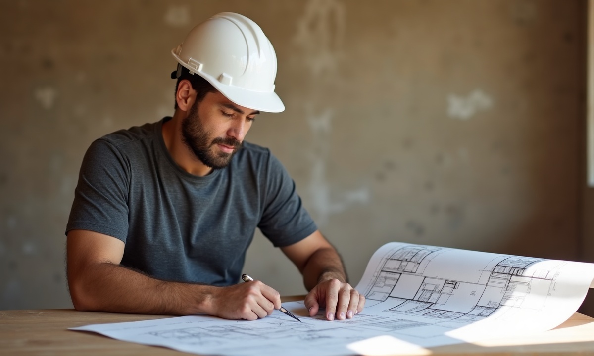 Licensed contractor reviewing architectural plans on site