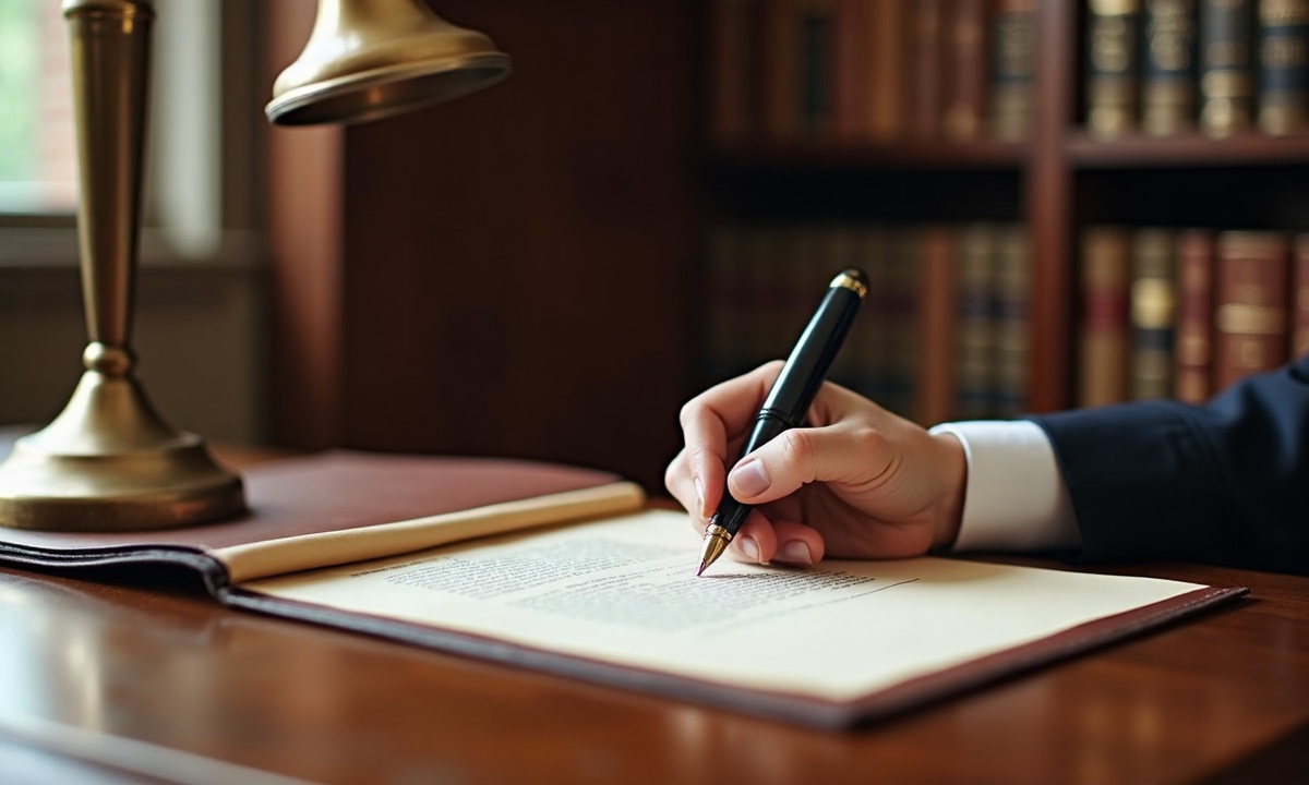 Legal documents and fountain pen on walnut desk